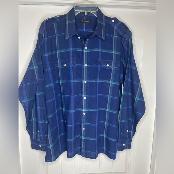 Dior Other - VINTAGE 80s Christian Dior Blue Plaid Long Sleeve Button Up Shoulder Boards